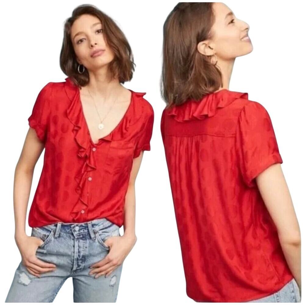 Anthropologie Maeve Jojo Ruffle V Neck Blouse Red Dots Button Up Size Small